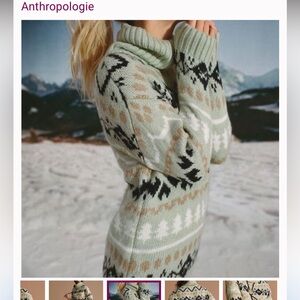 Anthropologie Green and Black Patterned Turtleneck Sweater